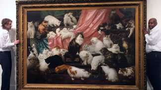 A massive 227-pound painting, the "world's largest cat painting," was recently bought at a Sotheby's auction in New York for $826,000. The piece featuring 42 cats on a 6-feet-by-8.5-feet canvas was "so large and so heavy" that carpenters had to make a special wall reinforced with plywood because when it was put up on a normal wall. 