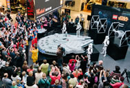 Master builders Chris and Dan Steininger built the world's largest model of the Millennium Falcon in Melbourne, Australia. The finished model is a whopping 5 m wide and was built from around 250,000 Lego bricks. The duo also built two imperial TIE fighters, each standing 2 m high and made of 80,000 bricks.