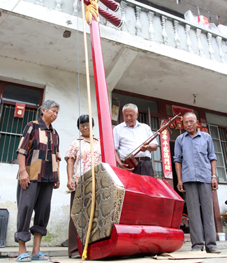 Ji Jiarong's self-made giant erhu is an incredible 4.98 meters in height, weighs 50 kilograms and has a bow length of 4.5 meters. Ji (pictured in white shirt) even painted a dragon on the neck of the instrument.
