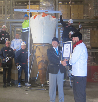  Unveiled at the start of the Tall Ships Race in Kristianstad, Sweden, the cone stands at 3.08 metres and contains 1,080 litres of vanilla ice cream, beating the previous Guinness World Records world record held by Italians Mirco Della Vecchia and Andrea Andrighetti since 2012.