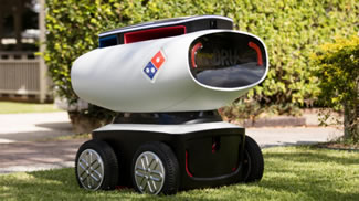 Domino's, the worldwide pizza chain, announced a DRU, Domino's Robot Unit, in Brisbane, Australia. DRU can navigate itself to a delivery location, with separate heated and cooling compartments to keep your orders primed.