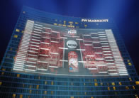 At 44,000 square feet, the World's Largest Sports Tournament Bracket is the same size as nine basketball courts and weighs as much as a car (about two tons). It's 165 feet tall and took 12 days to build and attach to the east side of the hotel. Designed and built by Sport Graphics, the bracket has been updated each Monday with the weekend's results - all the way to the final in Indianapolis.