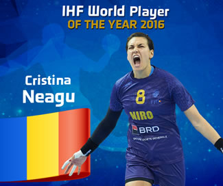 Romanian Cristina Neagu, 28, won the 2016 IHF World Player of the Year; it's the third Player of the Year award after Neagu had won it already in 2010 and 2015 - thus setting the new world record for the World's First female handball player to win three IHF Player of the Year awards.