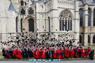 After the University of Kent's final graduation ceremony a total of 422 students and academic staff have celebrated their success by throwing their mortar boards in the air at Canterbury Cathedral, thus setting the new world record for the Largest mortar board toss, according to the World Record Academy.