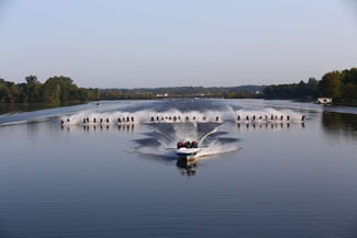 A total of 32 skiers from Wisconsin, Minnesota and Florida got together in Wisconsin, setting the new world record for the Most barefoot water skiers behind one boat (or the Most barefoot waterskiers towed backwards behind a single boat), according to the World Record Academy.