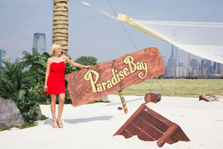  Hollywood actress, Malin Akerman, relaxes in New York on the World's Largest Hammock for King Digital Entertainment's new mobile game, Paradise Bay. 