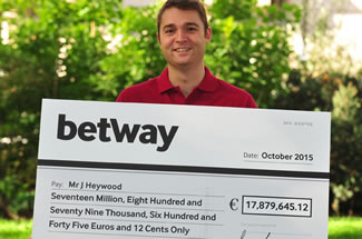  The &euro;17,879,645.12 (&pound;13,213,838.68) jackpot was paid out in October to Cheshire soldier Jon Heywood via Microgaming's Mega Moolah online slot on betway.com. 