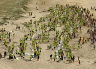 Newcastle appears to have smashed the Guinness World Record for the longest continuous line of surfboards, with 608 laid tip to tail along iconic Nobbys Beach.