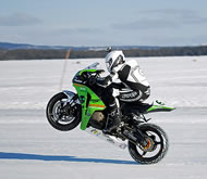  Swedish racer Robert Gull broke the Guinness World Records' record - "Fastest motorcycle wheelie on ice" with an overall speed of 183.8 km/h over 100 meters; he was riding a bike from Northbike, it was a Honda CBR 1000RR, totally standard, only equipped with special build Dunlop tires for the ice with power studs from Best-Grip.se and also with race fairings, according to the World Record Academy: www.worldrecordacademy.com/.